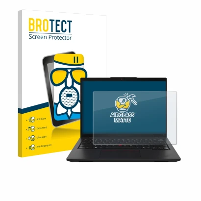 Vorderseite einer Produktverpackung mit dem Markenlogo BROTECT. Daneben ist das Gerät Lenovo ThinkPad L14 Gen 5 mit dem zugehö