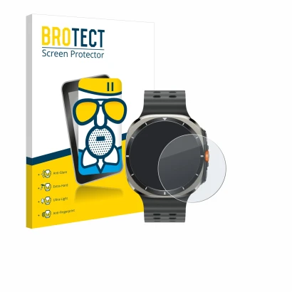 Vorderseite einer Produktverpackung mit dem Markenlogo BROTECT. Daneben ist das Gerät Samsung Galaxy Watch Ultra (47 mm) mit d