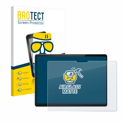 Vorderseite einer Produktverpackung mit dem Markenlogo BROTECT. Daneben ist das Gerät Microsoft Surface Pro 11 mit dem zugehör