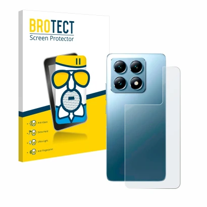 Vorderseite einer Produktverpackung mit dem Markenlogo BROTECT. Daneben ist das Gerät Xiaomi 14T Pro (Rückseite) mit dem zugeh