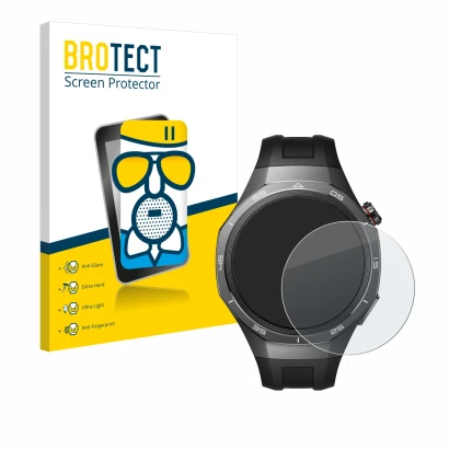 Vorderseite einer Produktverpackung mit dem Markenlogo BROTECT. Daneben ist das Gerät Huawei Watch GT 5 Pro (46 mm) mit dem zu