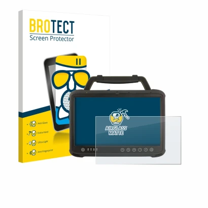 Vorderseite einer Produktverpackung mit dem Markenlogo BROTECT. Daneben ist das Gerät Winmate M133WK mit dem zugehörigen Displ