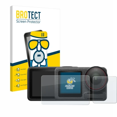 Vorderseite einer Produktverpackung mit dem Markenlogo BROTECT. Daneben ist das Gerät DJI Osmo Action 5 Pro (case-friendly) mi