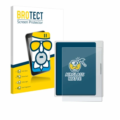 Vorderseite einer Produktverpackung mit dem Markenlogo BROTECT. Daneben ist das Gerät Boox Go Color 7 White Edition mit dem zu