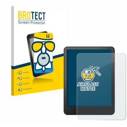 Vorderseite einer Produktverpackung mit dem Markenlogo BROTECT. Daneben ist das Gerät Amazon Kindle Paperwhite 2024 (12. Gen.)