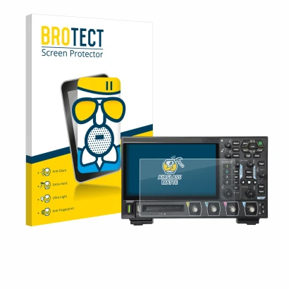 Vorderseite einer Produktverpackung mit dem Markenlogo BROTECT. Daneben ist das Gerät Rigol DHO914 mit dem zugehörigen Display