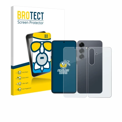 Vorderseite einer Produktverpackung mit dem Markenlogo BROTECT. Daneben ist das Gerät Samsung Galaxy S25 (Display+Rückseite) m