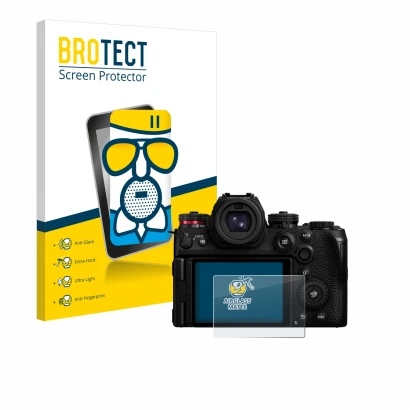 Vorderseite einer Produktverpackung mit dem Markenlogo BROTECT. Daneben ist das Gerät Panasonic Lumix S1R II mit dem zugehörig