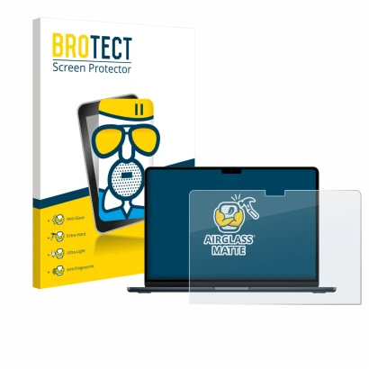 Vorderseite einer Produktverpackung mit dem Markenlogo BROTECT. Daneben ist das Gerät Apple MacBook Air 13" M4 2025 mit dem zu