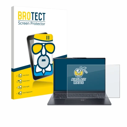 Vorderseite einer Produktverpackung mit dem Markenlogo BROTECT. Daneben ist das Gerät Acer Swift Go 16 AI mit dem zugehörigen 