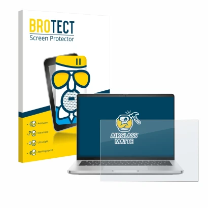 Vorderseite einer Produktverpackung mit dem Markenlogo BROTECT. Daneben ist das Gerät Dell Pro 14 Plus PB14250 mit dem zugehör