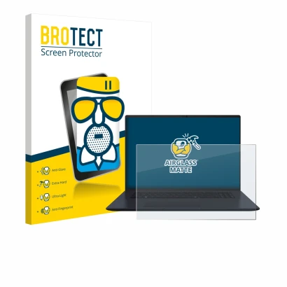 Vorderseite einer Produktverpackung mit dem Markenlogo BROTECT. Daneben ist das Gerät ASUS Vivobook 18 M1807 mit dem zugehörig