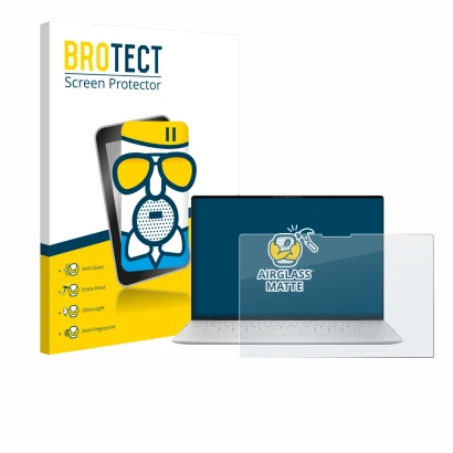 Vorderseite einer Produktverpackung mit dem Markenlogo BROTECT. Daneben ist das Gerät Dell XPS 13 9350 2024 mit dem zugehörige