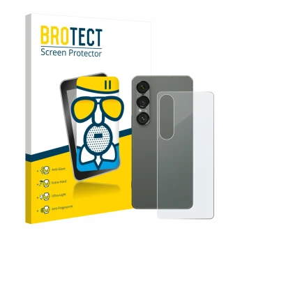 Vorderseite einer Produktverpackung mit dem Markenlogo BROTECT. Daneben ist das Gerät Sony Xperia 1 VII (Rückseite) mit dem zu