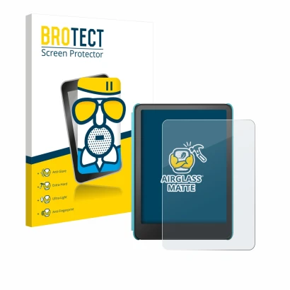 Vorderseite einer Produktverpackung mit dem Markenlogo BROTECT. Daneben ist das Gerät Amazon Kindle Colorsoft Kids mit dem zug