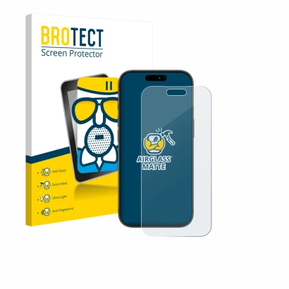 Vorderseite einer Produktverpackung mit dem Markenlogo BROTECT. Daneben ist das Gerät Apple iPhone 17 Pro Max mit dem zugehöri