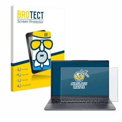 Vorderseite einer Produktverpackung mit dem Markenlogo BROTECT. Daneben ist das Gerät Acer Swift Go 14 OLED mit dem zugehörige