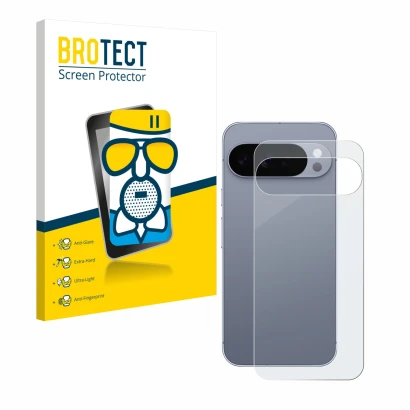 Vorderseite einer Produktverpackung mit dem Markenlogo BROTECT. Daneben ist das Gerät Google Pixel 10 Pro XL (Rückseite) mit d