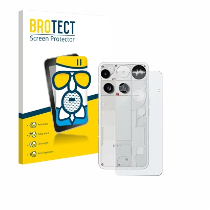 Vorderseite einer Produktverpackung mit dem Markenlogo BROTECT. Daneben ist das Gerät Nothing Phone (3) (Rückseite) mit dem zu