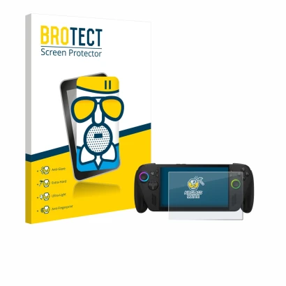 Vorderseite einer Produktverpackung mit dem Markenlogo BROTECT. Daneben ist das Gerät ASUS ROG Ally X 2025 mit dem zugehörigen