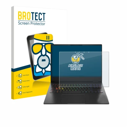 Vorderseite einer Produktverpackung mit dem Markenlogo BROTECT. Daneben ist das Gerät HP Omen Transcend 16-u1000nl mit dem zug