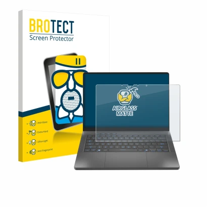 Vorderseite einer Produktverpackung mit dem Markenlogo BROTECT. Daneben ist das Gerät ASUS ROG Zephyrus G14 2025 GA403 mit dem