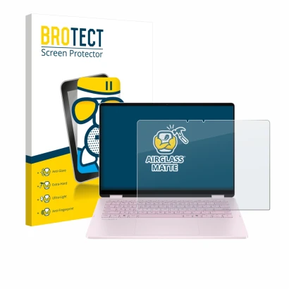 Vorderseite einer Produktverpackung mit dem Markenlogo BROTECT. Daneben ist das Gerät HP OmniBook 5 Flip 14 14-fp0153ng mit de