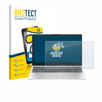 Vorderseite einer Produktverpackung mit dem Markenlogo BROTECT. Daneben ist das Gerät HP OmniBook 3 15" mit dem zugehörigen Di