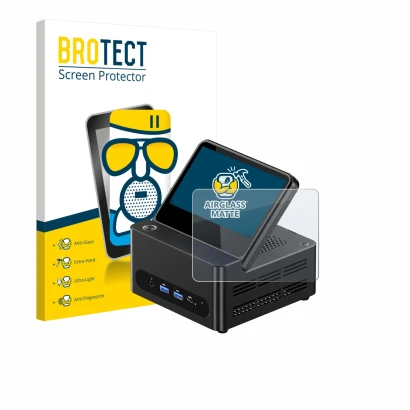 Vorderseite einer Produktverpackung mit dem Markenlogo BROTECT. Daneben ist das Gerät AOOSTAR ‎G-FLIP H255 mit dem zugehörigen