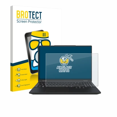 Vorderseite einer Produktverpackung mit dem Markenlogo BROTECT. Daneben ist das Gerät Tuxedo InfinityBook Max 15 Gen 10 mit de