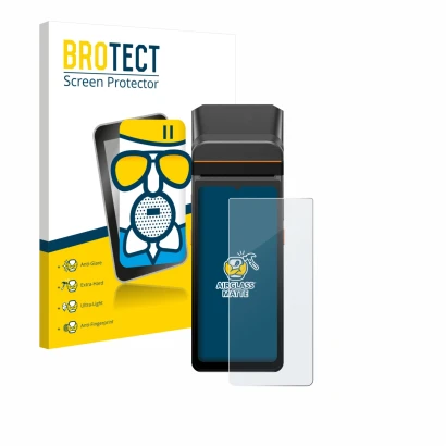 Vorderseite einer Produktverpackung mit dem Markenlogo BROTECT. Daneben ist das Gerät Sunmi V3 A13 mit dem zugehörigen Display