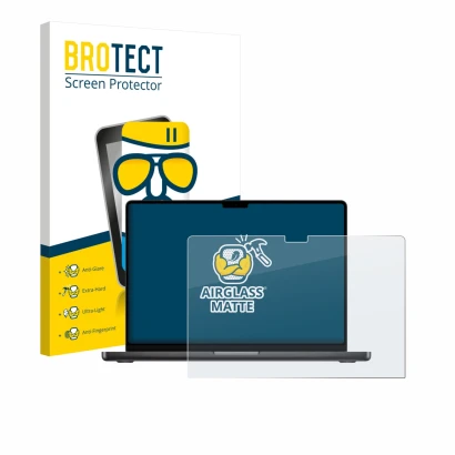 Vorderseite einer Produktverpackung mit dem Markenlogo BROTECT. Daneben ist das Gerät Apple MacBook Pro 16" M5 2026 mit dem zu