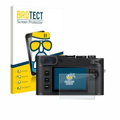 Vorderseite einer Produktverpackung mit dem Markenlogo BROTECT. Daneben ist das Gerät Leica M EV1 mit dem zugehörigen Displays