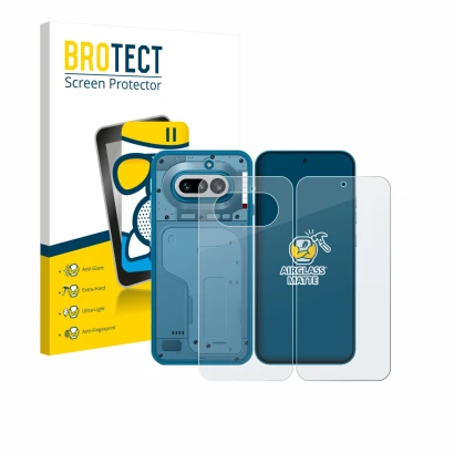 Vorderseite einer Produktverpackung mit dem Markenlogo BROTECT. Daneben ist das Gerät Nothing Phone (4a) (Display+Rückseite) m