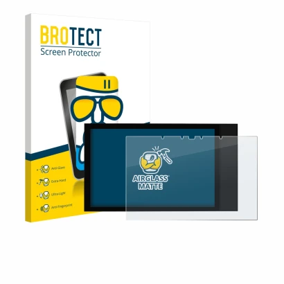 Vorderseite einer Produktverpackung mit dem Markenlogo BROTECT. Daneben ist das Gerät Shelly Wall Display XL mit dem zugehörig