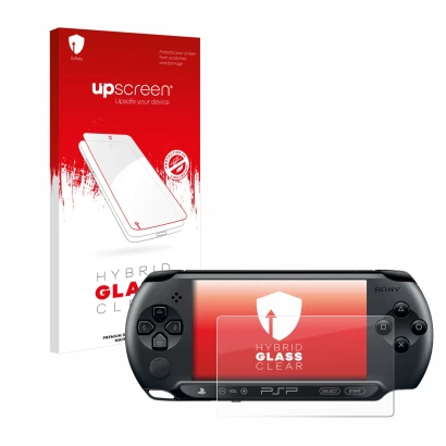 Vorderseite einer Produktverpackung mit dem Markenlogo upscreen. Daneben ist das Gerät Sony PSP 1004 mit dem zugehörigen Displ
