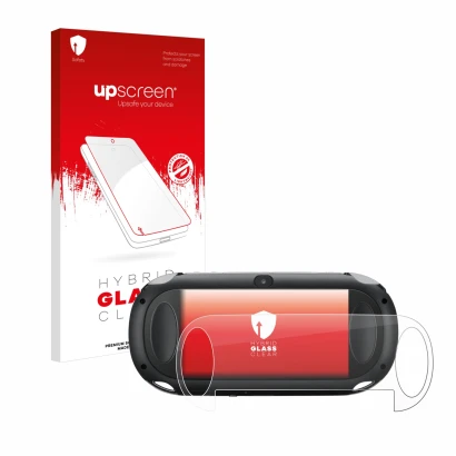 Vorderseite einer Produktverpackung mit dem Markenlogo upscreen. Daneben ist das Gerät Sony Playstation PCH-1000-Serie PS Vita