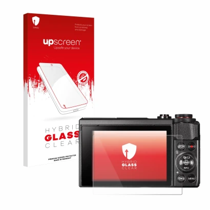 Vorderseite einer Produktverpackung mit dem Markenlogo upscreen. Daneben ist das Gerät Canon PowerShot G7 X Mark II mit dem zu