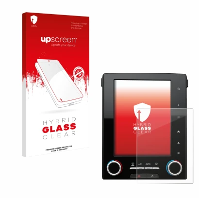 Vorderseite einer Produktverpackung mit dem Markenlogo upscreen. Daneben ist das Gerät Renault Megane GT R-Link 2 8.7" mit dem