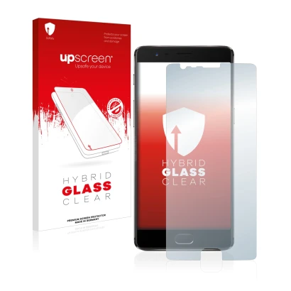 Vorderseite einer Produktverpackung mit dem Markenlogo upscreen. Daneben ist das Gerät OnePlus 3T mit dem zugehörigen Displays