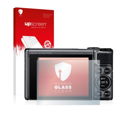 Vorderseite einer Produktverpackung mit dem Markenlogo upscreen. Daneben ist das Gerät Canon PowerShot SX730 HS mit dem zugehö