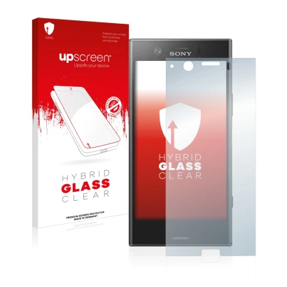 Vorderseite einer Produktverpackung mit dem Markenlogo upscreen. Daneben ist das Gerät Sony Xperia XZ1 Compact mit dem zugehör