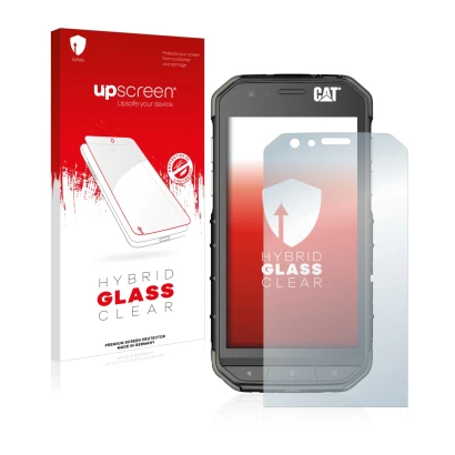 Vorderseite einer Produktverpackung mit dem Markenlogo upscreen. Daneben ist das Gerät Caterpillar Cat S31 mit dem zugehörigen