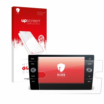 Vorderseite einer Produktverpackung mit dem Markenlogo upscreen. Daneben ist das Gerät Volkswagen T-Roc 2017-2019 Discover Med