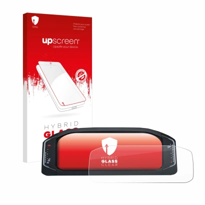 Vorderseite einer Produktverpackung mit dem Markenlogo upscreen. Daneben ist das Gerät Volkswagen Active Info Display T-Roc mi