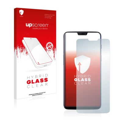 Vorderseite einer Produktverpackung mit dem Markenlogo upscreen. Daneben ist das Gerät OnePlus 6 mit dem zugehörigen Displaysc