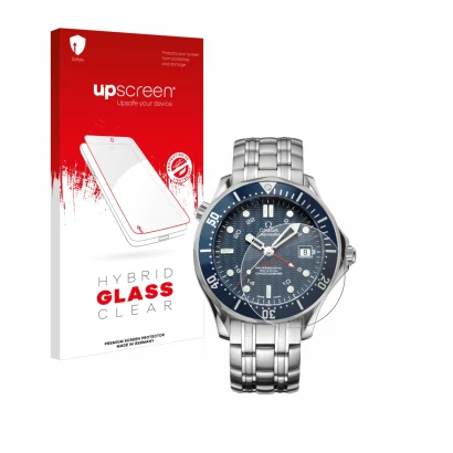 Vorderseite einer Produktverpackung mit dem Markenlogo upscreen. Daneben ist das Gerät Omega Seamaster Diver (41 mm) mit dem z