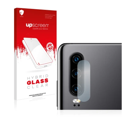 Vorderseite einer Produktverpackung mit dem Markenlogo upscreen. Daneben ist das Gerät Huawei P30 (NUR Kameraschutz) mit dem z