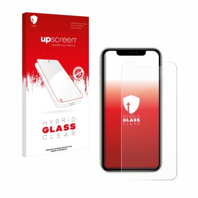 Vorderseite einer Produktverpackung mit dem Markenlogo upscreen. Daneben ist das Gerät Apple iPhone 11 mit dem zugehörigen Dis