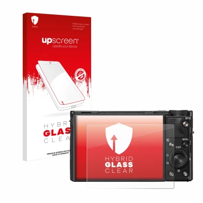 Vorderseite einer Produktverpackung mit dem Markenlogo upscreen. Daneben ist das Gerät Sony Cyber-Shot DSC-RX100 VII mit dem z